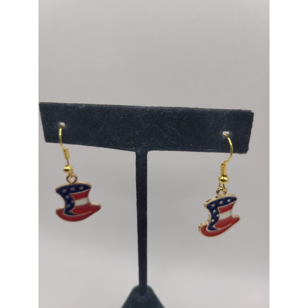 Patriotic Uncle Sam Hat Enamel Dangle Earrings Gold Tone Fishhook Red White Blue